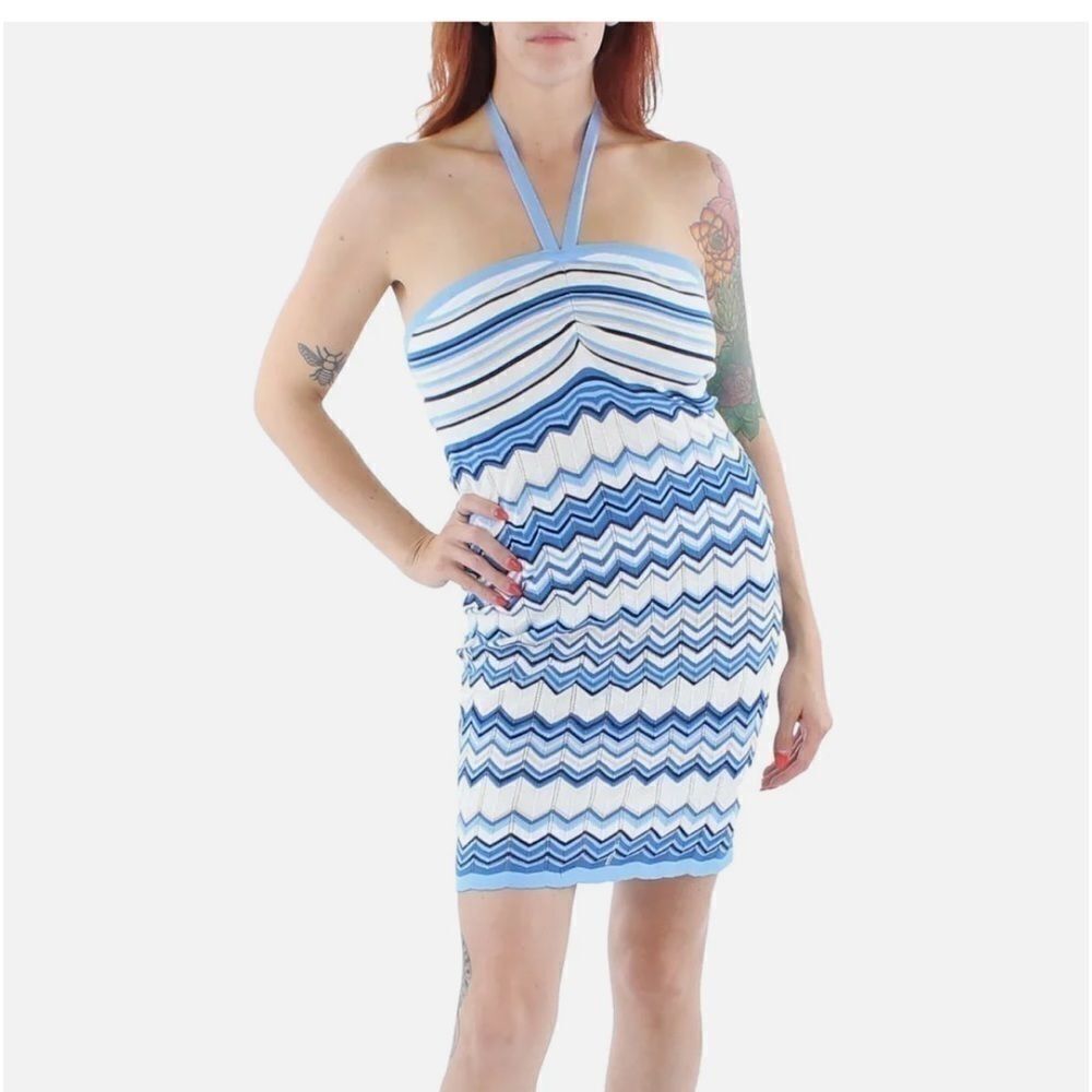 Crave Fame Blue & White Chevron Open Weave Knit Halter Dress- Size Large - Picture 2 of 6